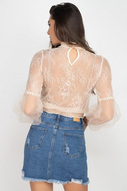 Lace Trim Balloon Sleeve Smocked Top - bulkybox