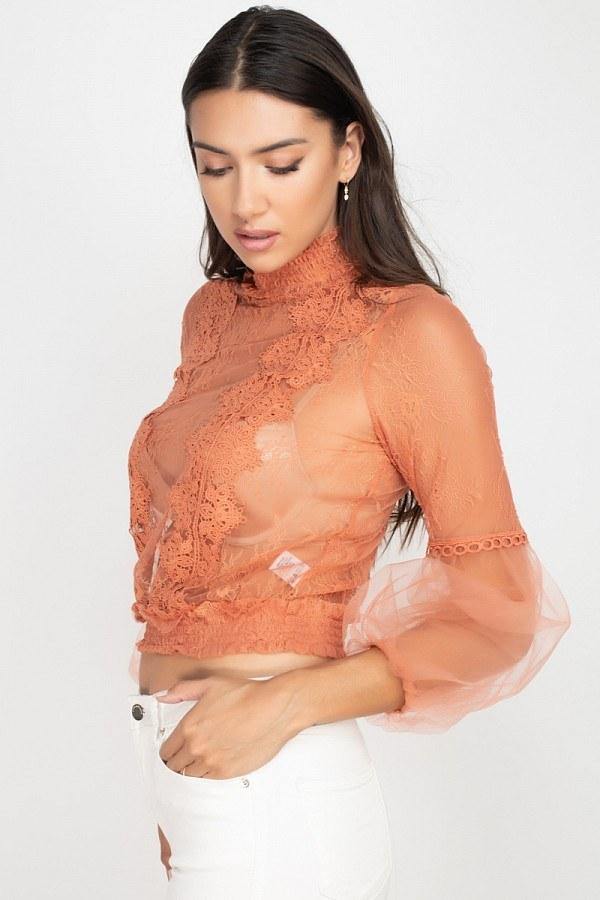 Lace Trim Balloon Sleeve Smocked Top - bulkybox