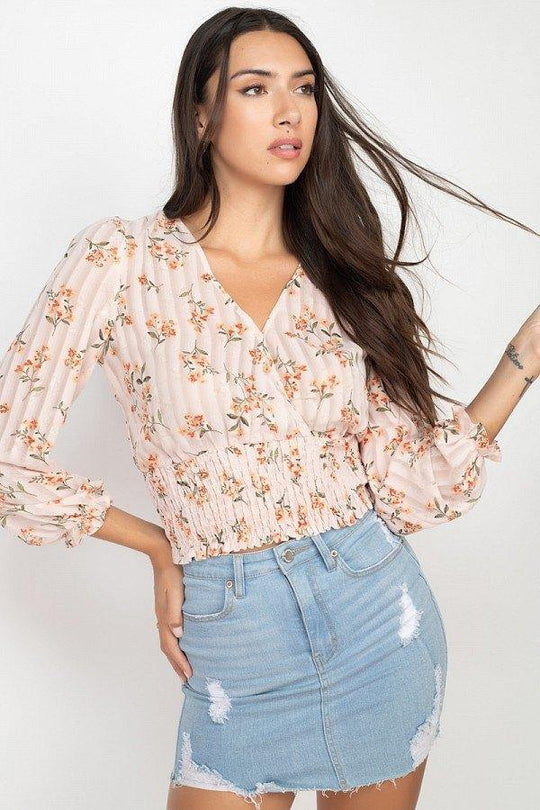 Floral Shadow Stripe V-neck Top - bulkybox