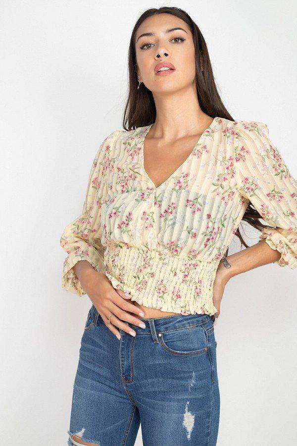 Floral Shadow Stripe V-neck Top - bulkybox