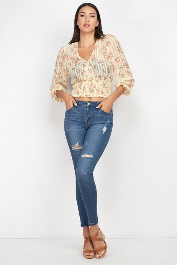 Floral Shadow Stripe V-neck Top - bulkybox