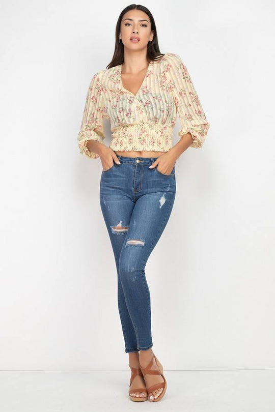 Floral Shadow Stripe V-neck Top - bulkybox