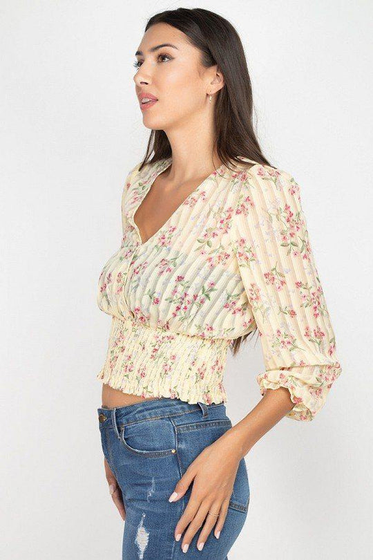 Floral Shadow Stripe V-neck Top - bulkybox