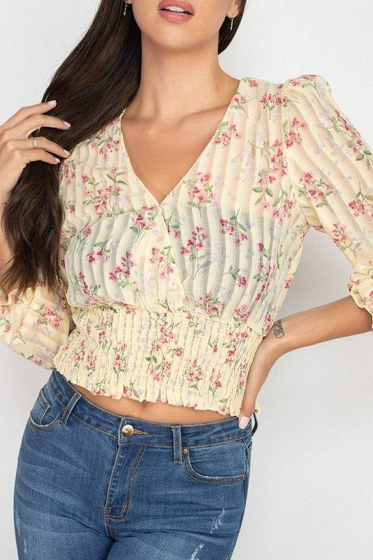 Floral Shadow Stripe V-neck Top - bulkybox