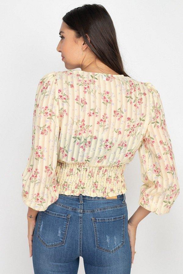 Floral Shadow Stripe V-neck Top - bulkybox