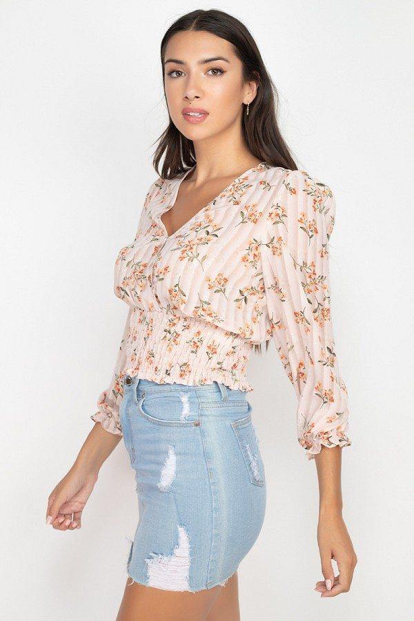 Floral Shadow Stripe V-neck Top - bulkybox