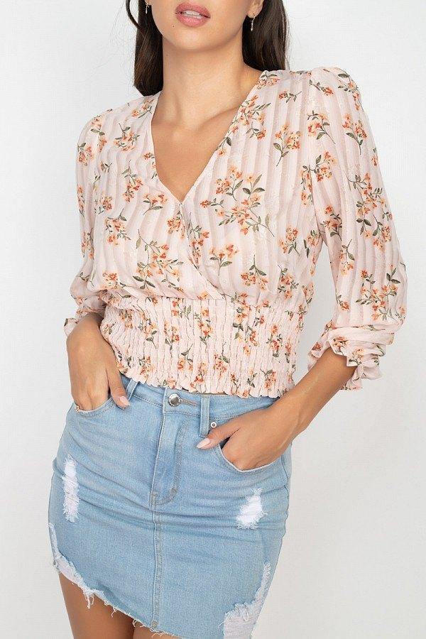 Floral Shadow Stripe V-neck Top - bulkybox