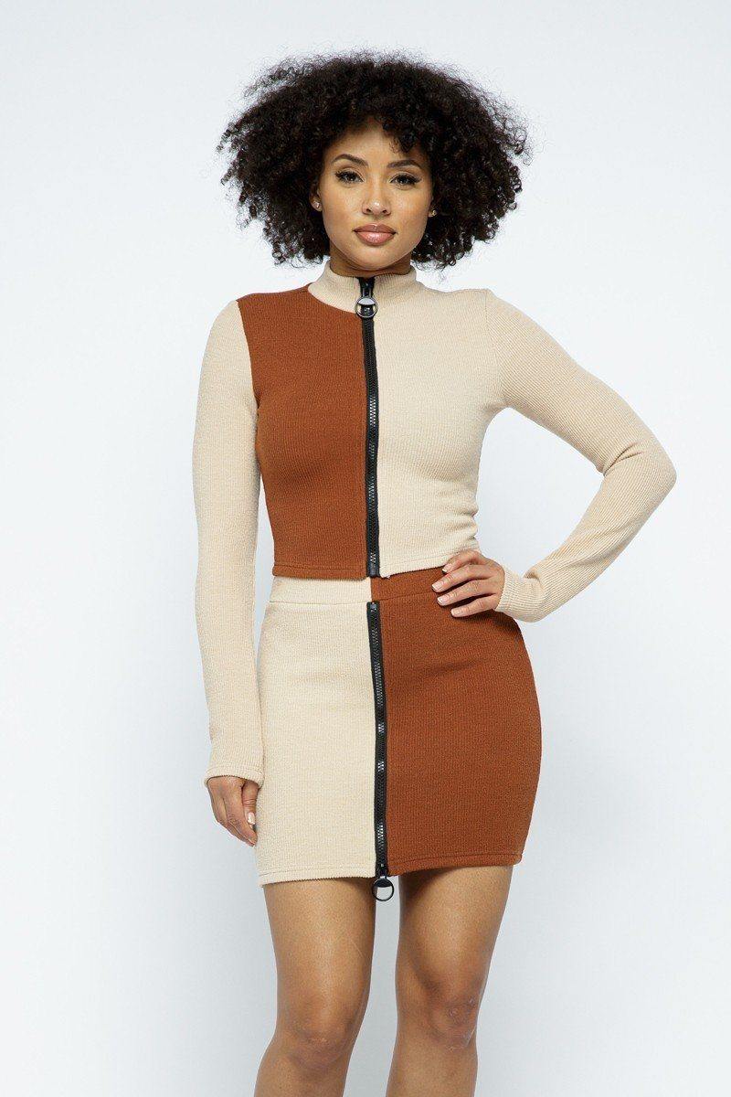 Rib Color Block Mock Neck Long Sleeve High-waist Mini Skirt With Front Zipper Set - bulkybox