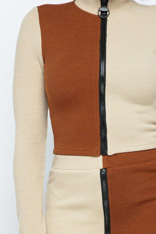 Rib Color Block Mock Neck Long Sleeve High-waist Mini Skirt With Front Zipper Set - bulkybox