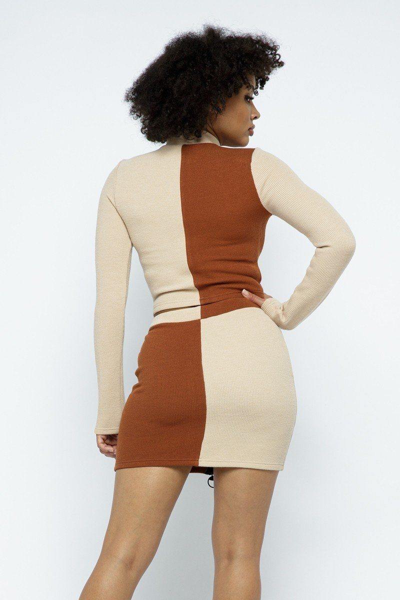 Rib Color Block Mock Neck Long Sleeve High-waist Mini Skirt With Front Zipper Set - bulkybox