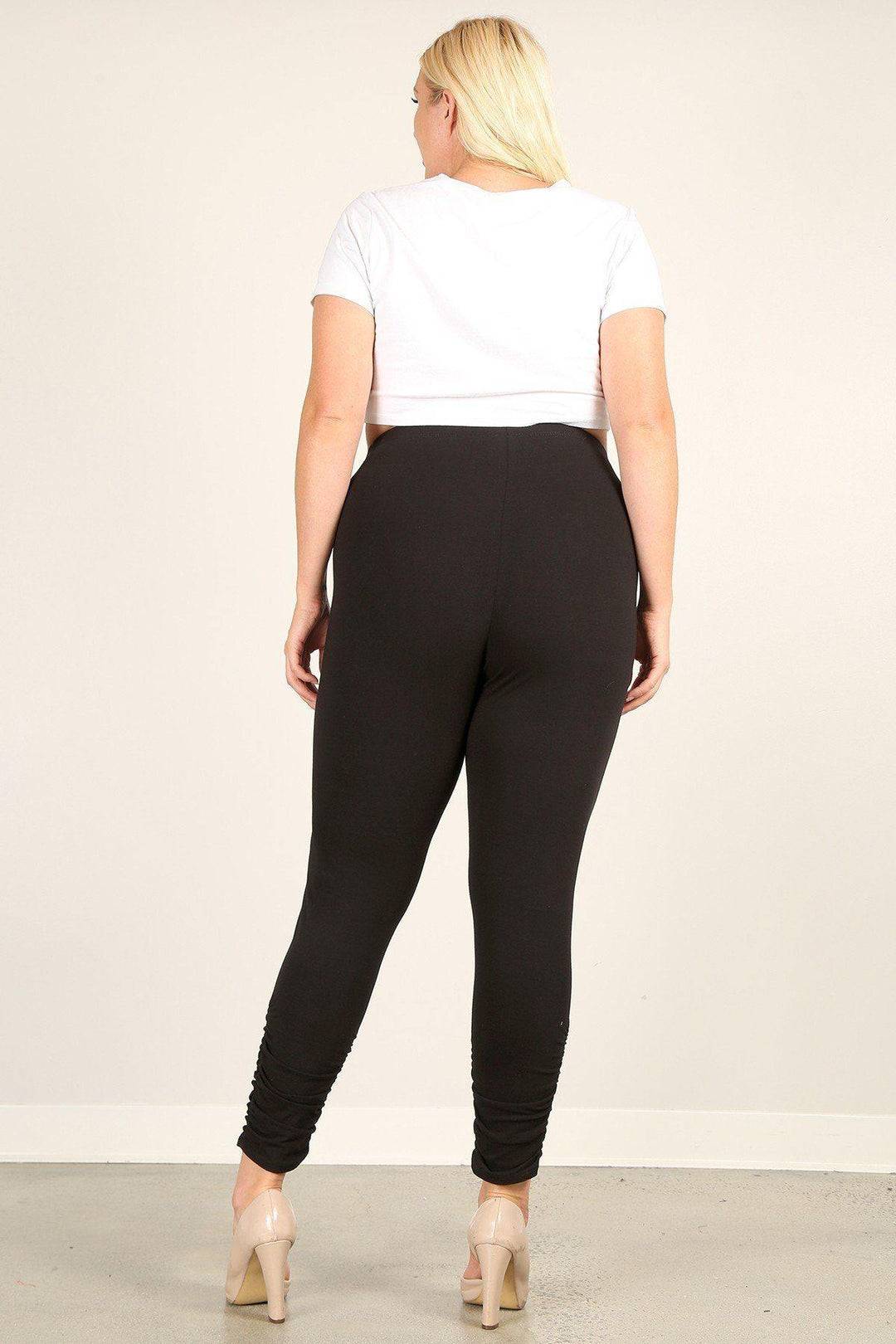 Plus Size Solid High Rise, Fitted Leggings With An Elastic Waistband And Ruched Pants - bulkybox