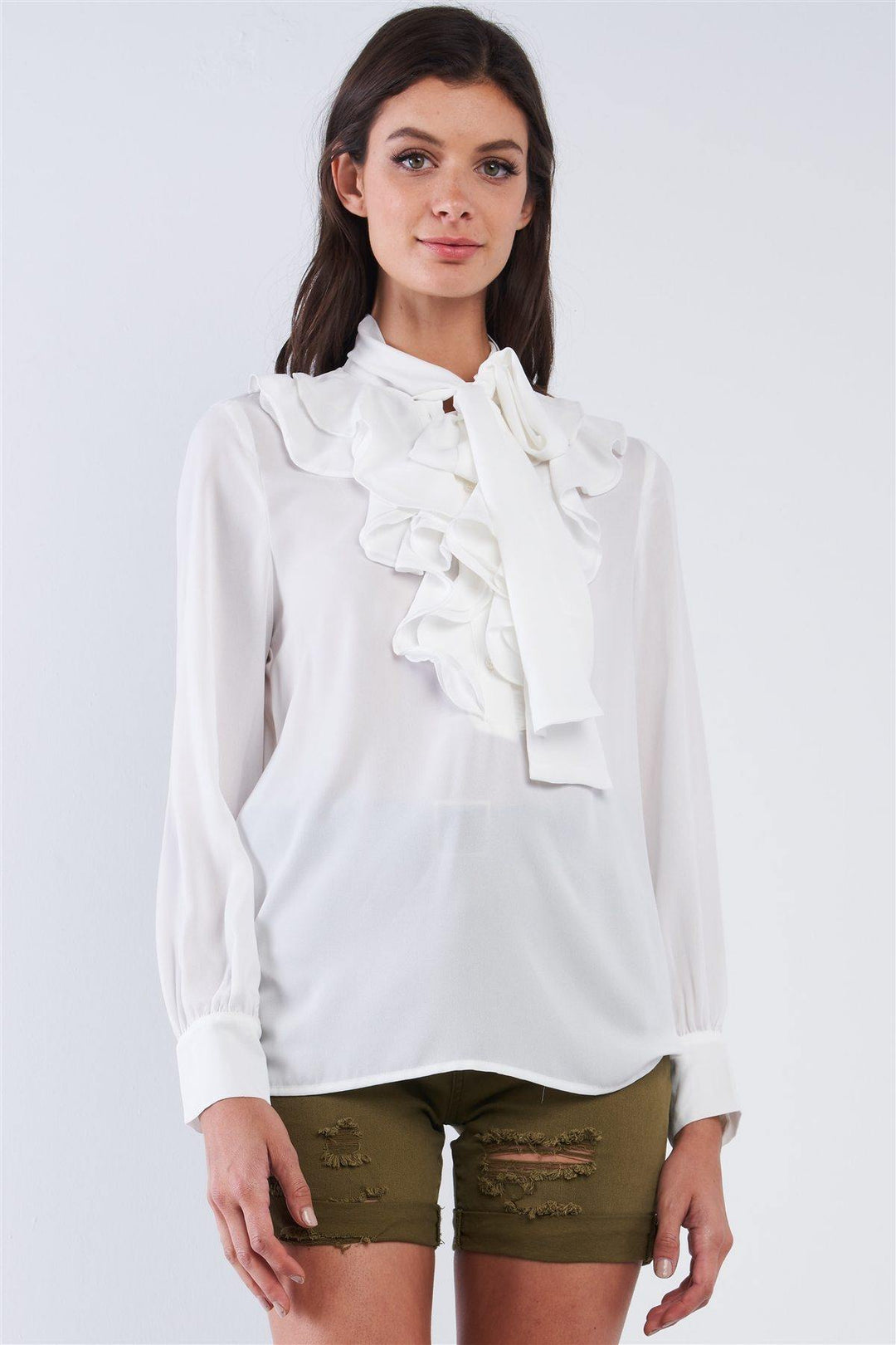 Vintage White Ruffle Button Down Self Tie Chest Long Sleeve Blouse Top - bulkybox