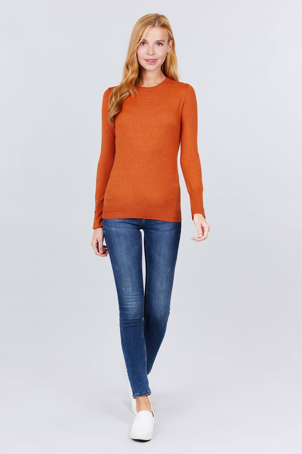 Crew Neck Sweater W/rivet Button - bulkybox