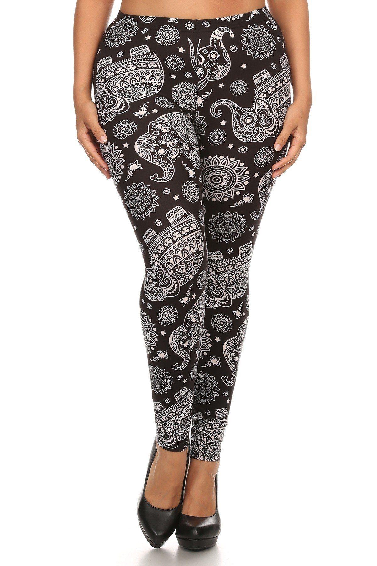 Plus Size Elephant Print, Full Length Leggings In A Slim Fitting Style With A Banded High Waist - bulkybox