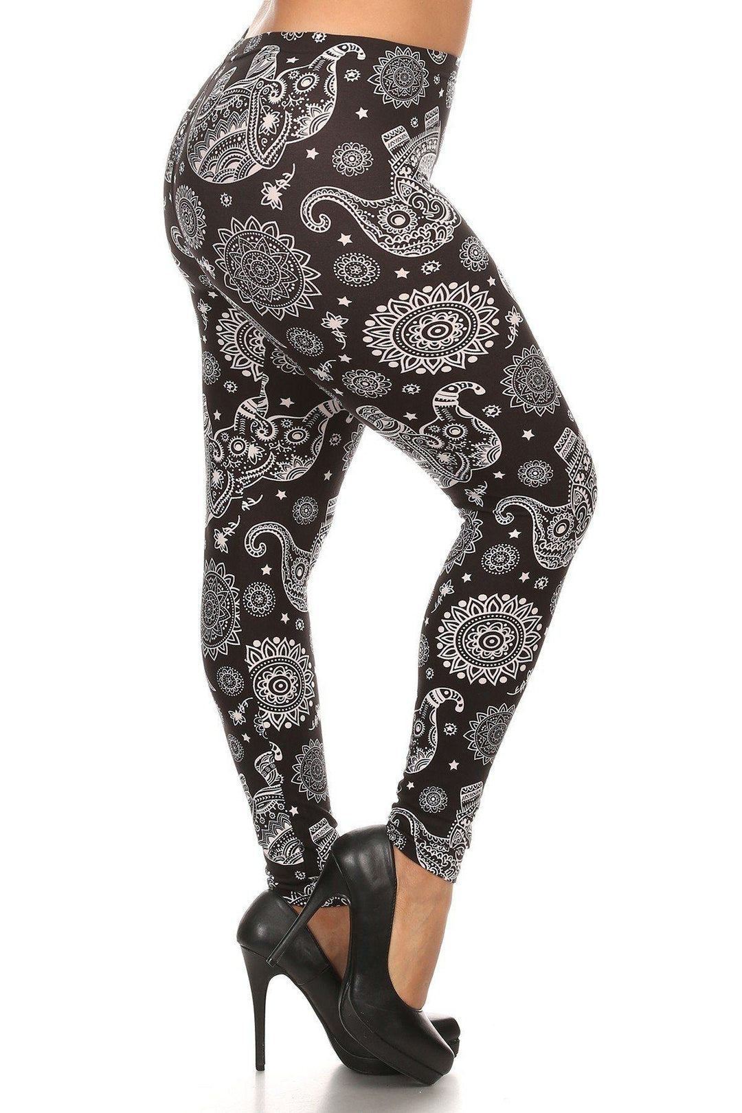 Plus Size Elephant Print, Full Length Leggings In A Slim Fitting Style With A Banded High Waist - bulkybox