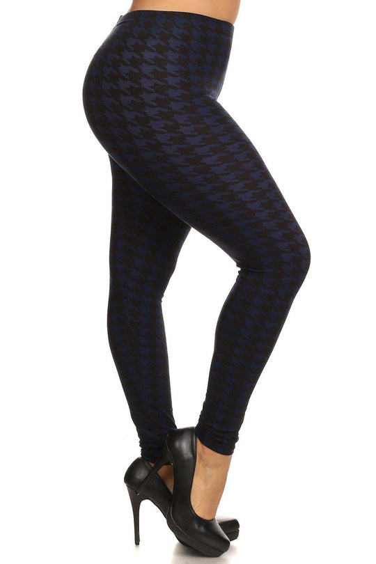 Plus Size Houndstooth Graphic Print, Full Length Leggings In A Slim Fitting Style With A Banded High Waist - bulkybox