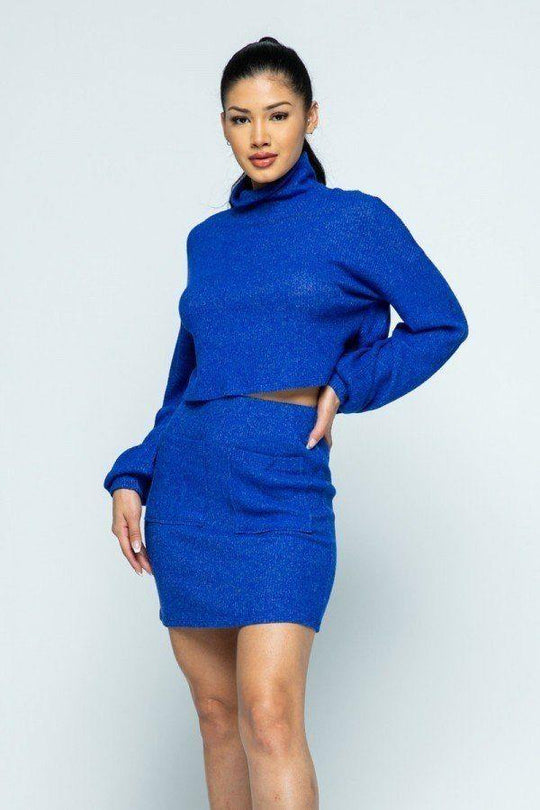 Brushed Knit Mock Neck Drop Shoulder Top With Front Pocket Mini Skirt Set - bulkybox