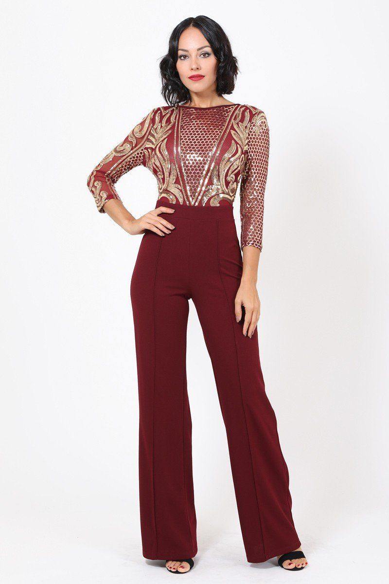 Open Back Gold Sequin Pattern Jumpsuit - bulkybox