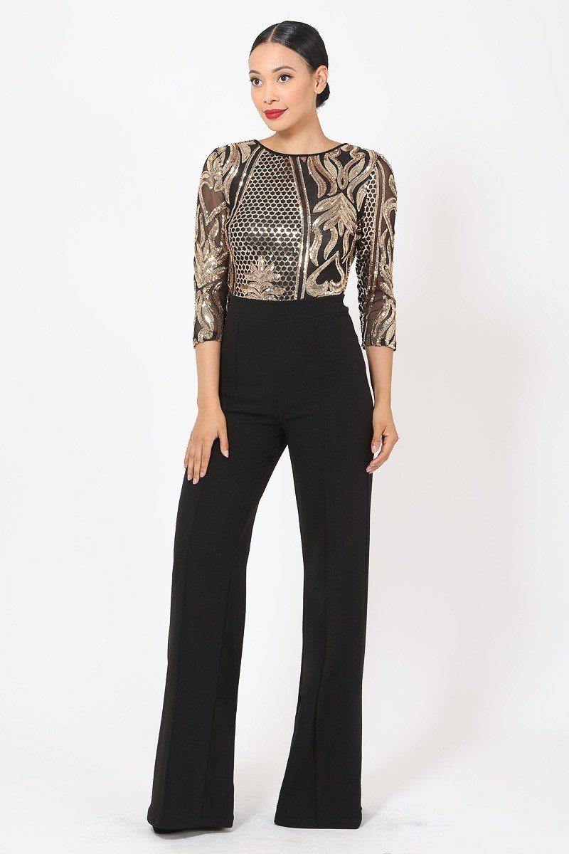 Open Back Gold Sequin Pattern Jumpsuit - bulkybox