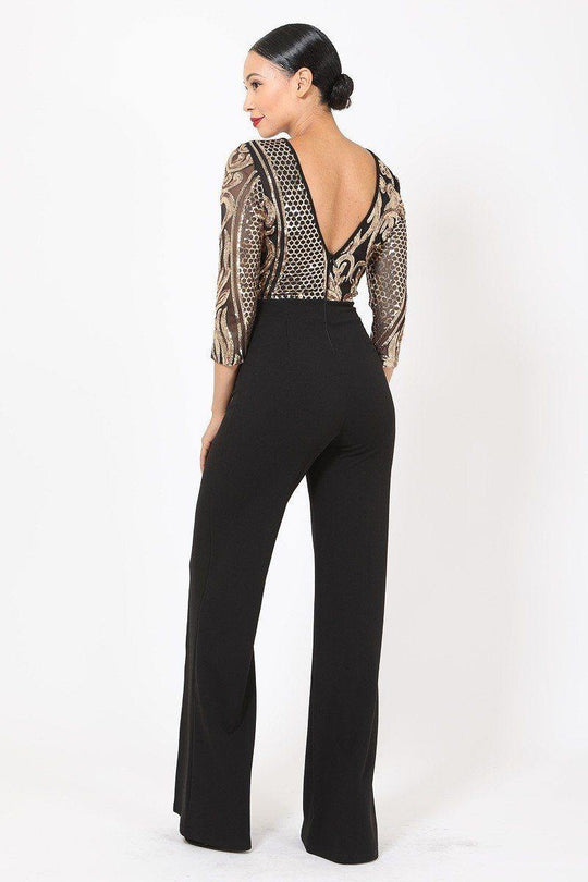 Open Back Gold Sequin Pattern Jumpsuit - bulkybox