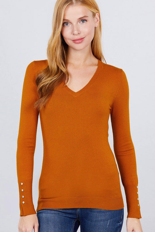 V-neck Sweater W/rivet Button - bulkybox