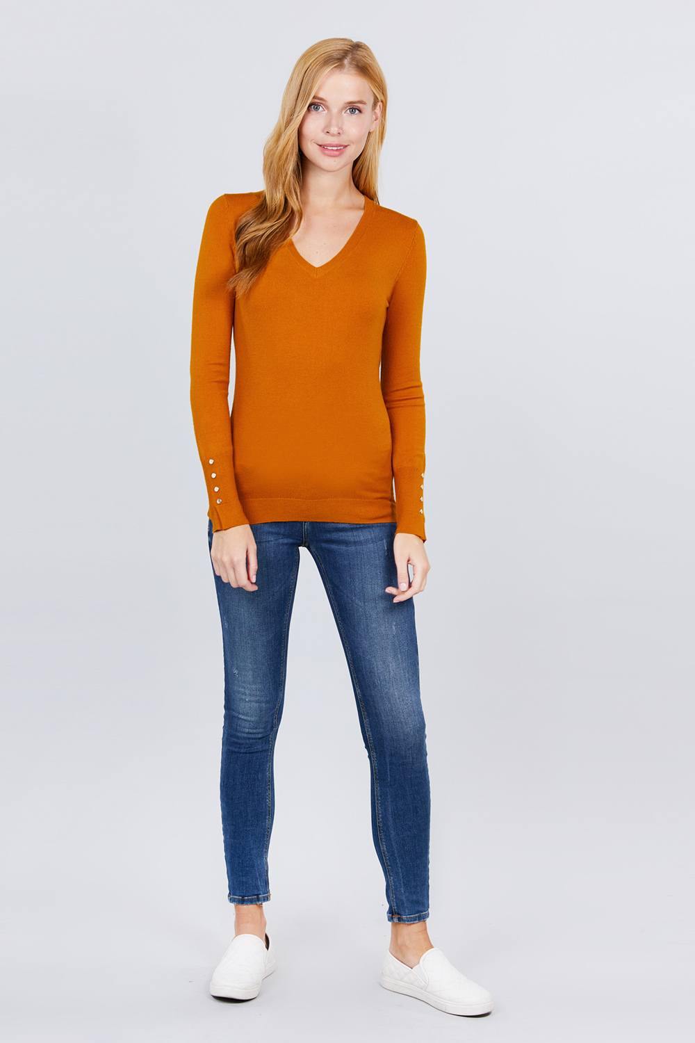 V-neck Sweater W/rivet Button - bulkybox