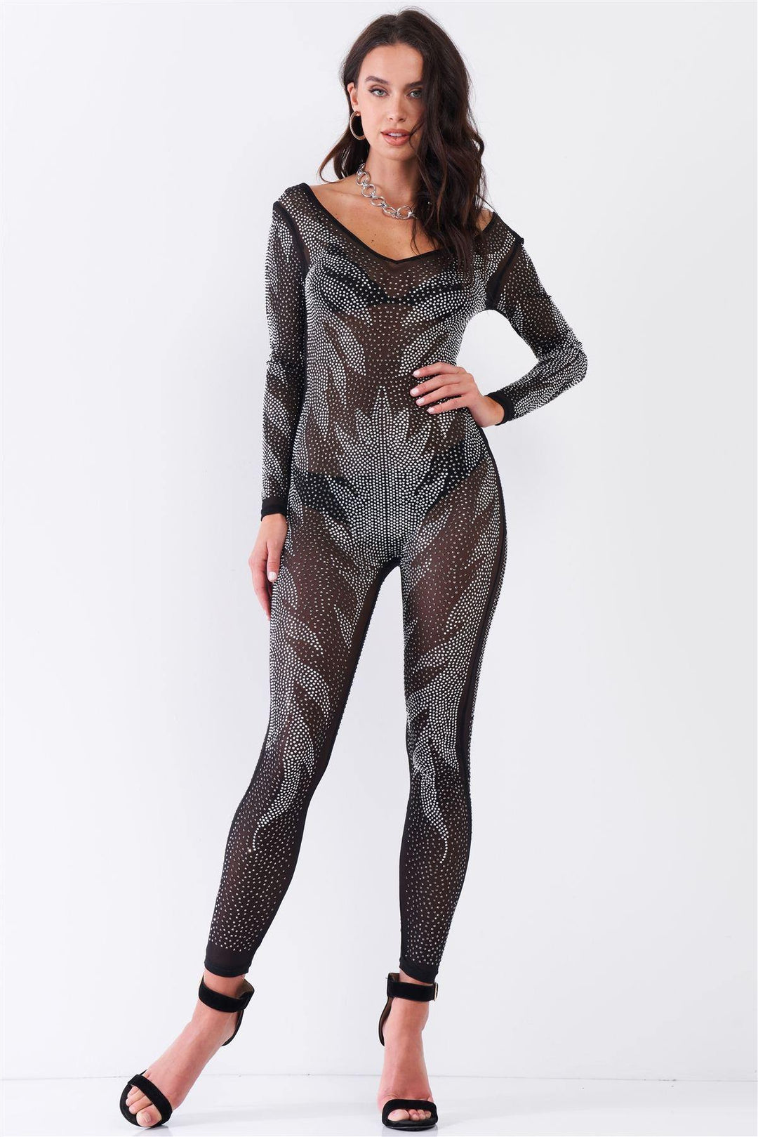 Black Rhinestone Embroidery Sheer Mesh Long Sleeve Bodycon Jumpsuit - bulkybox