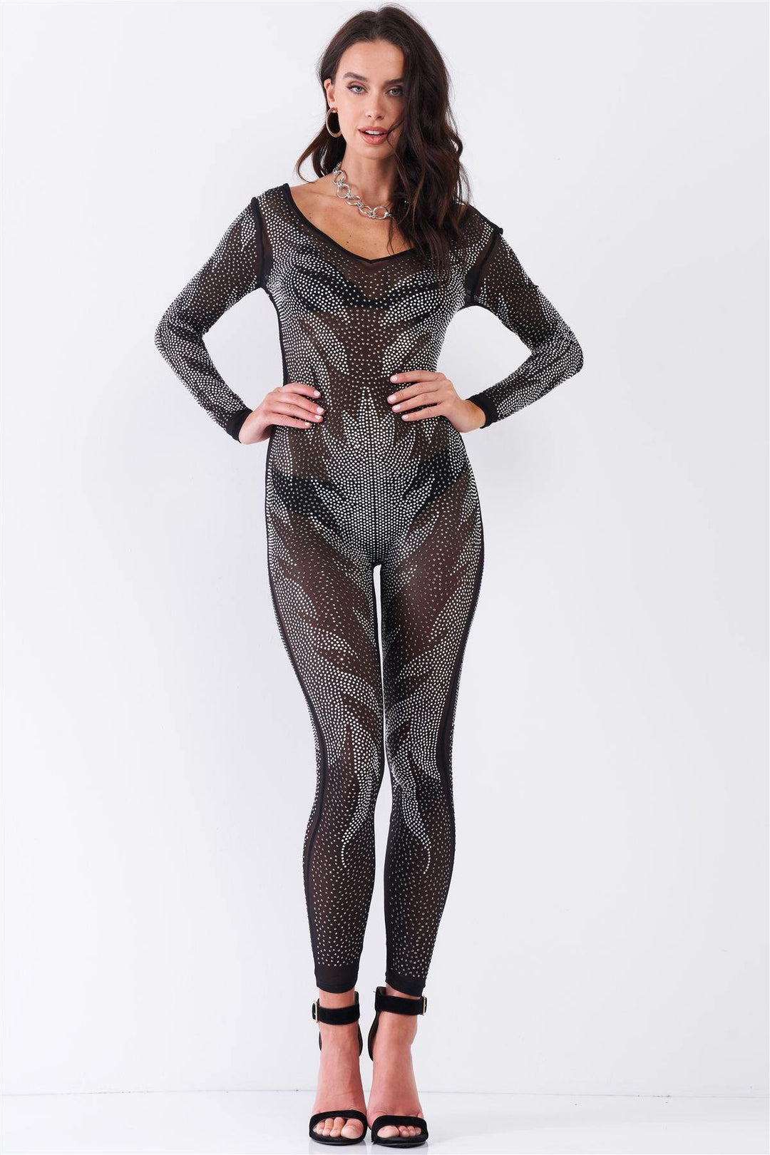 Black Rhinestone Embroidery Sheer Mesh Long Sleeve Bodycon Jumpsuit - bulkybox