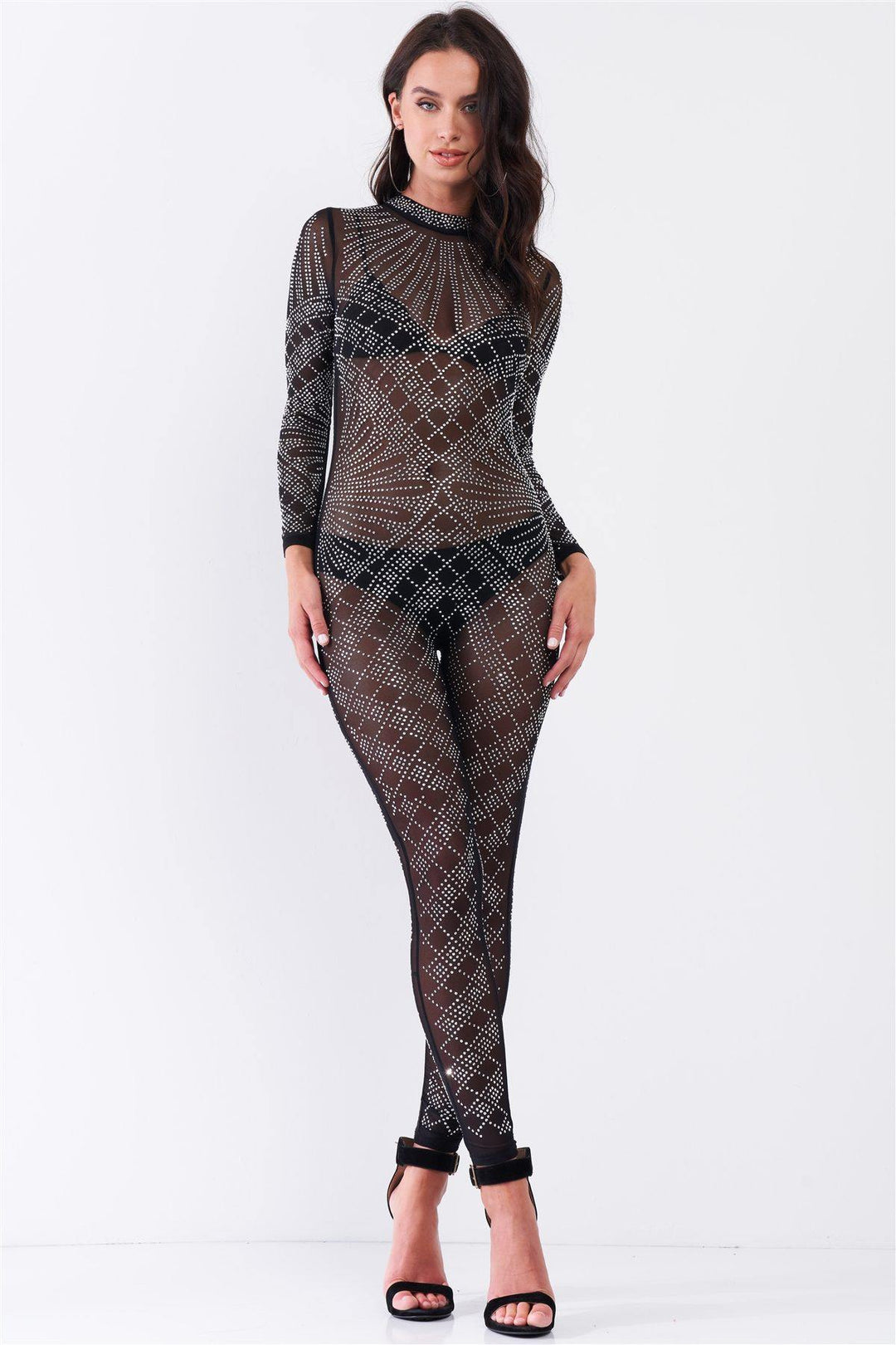 Sexy Rhinestone Mesh Long Sleeve Mock Neck Bodycon Jumpsuit - bulkybox