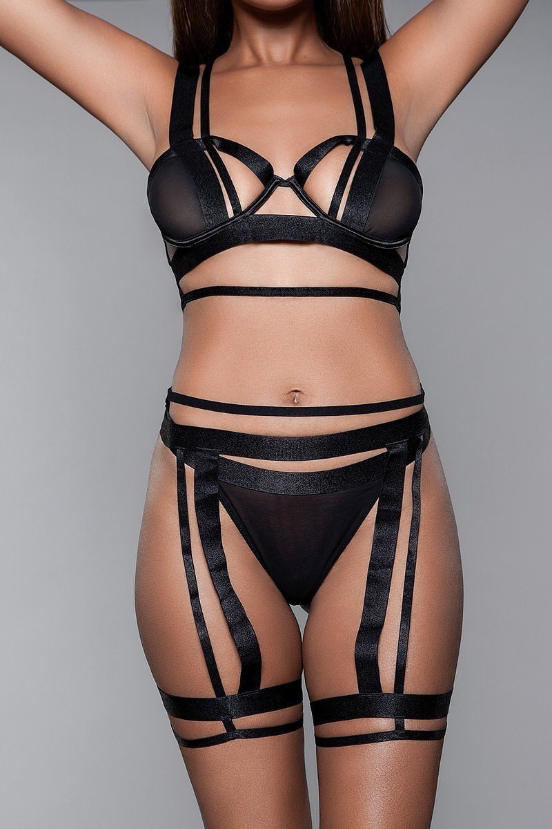 Mesh Bralette With Edgy Cut-outs  Matching Thigh Harness 2 Pc Set