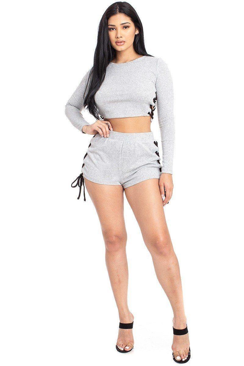 Color Contrast Lace Up Side Shorts Set - bulkybox