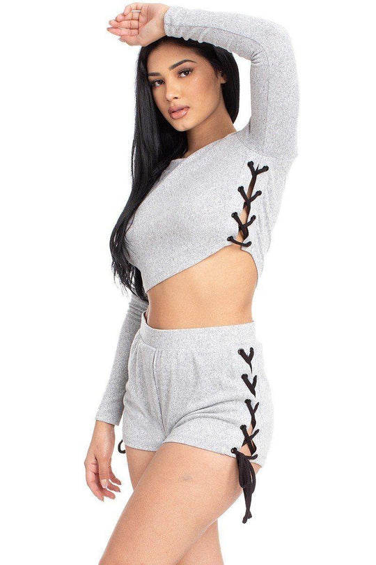 Color Contrast Lace Up Side Shorts Set - bulkybox