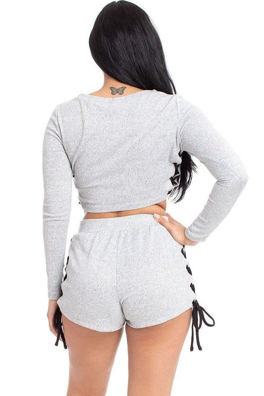 Color Contrast Lace Up Side Shorts Set - bulkybox