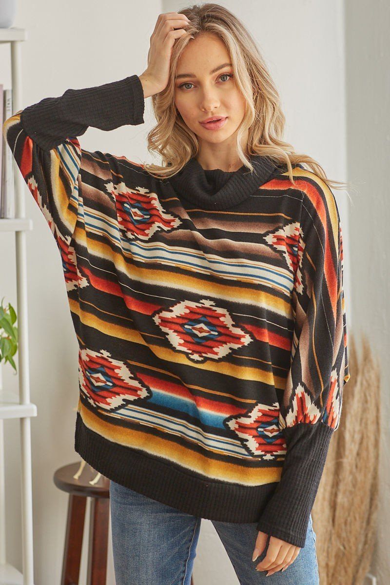 Tribal Patterned Mockneck Longsleeve Top