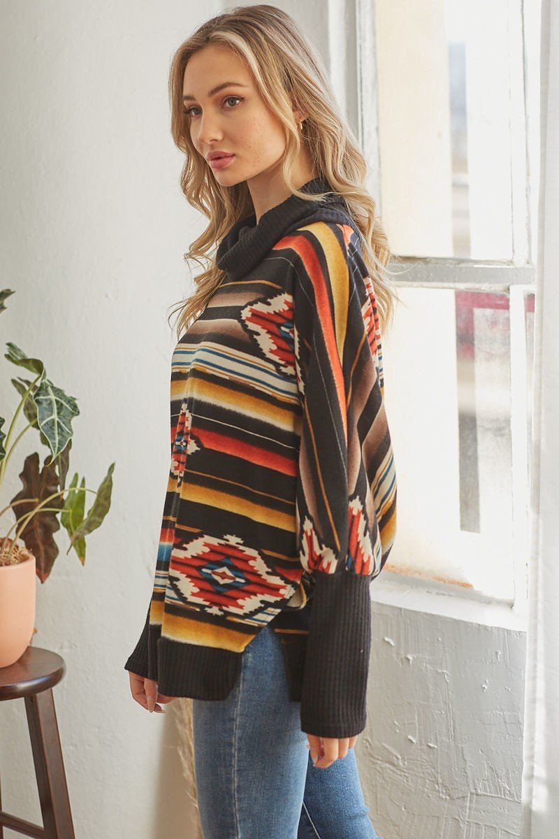 Tribal Patterned Mockneck Longsleeve Top