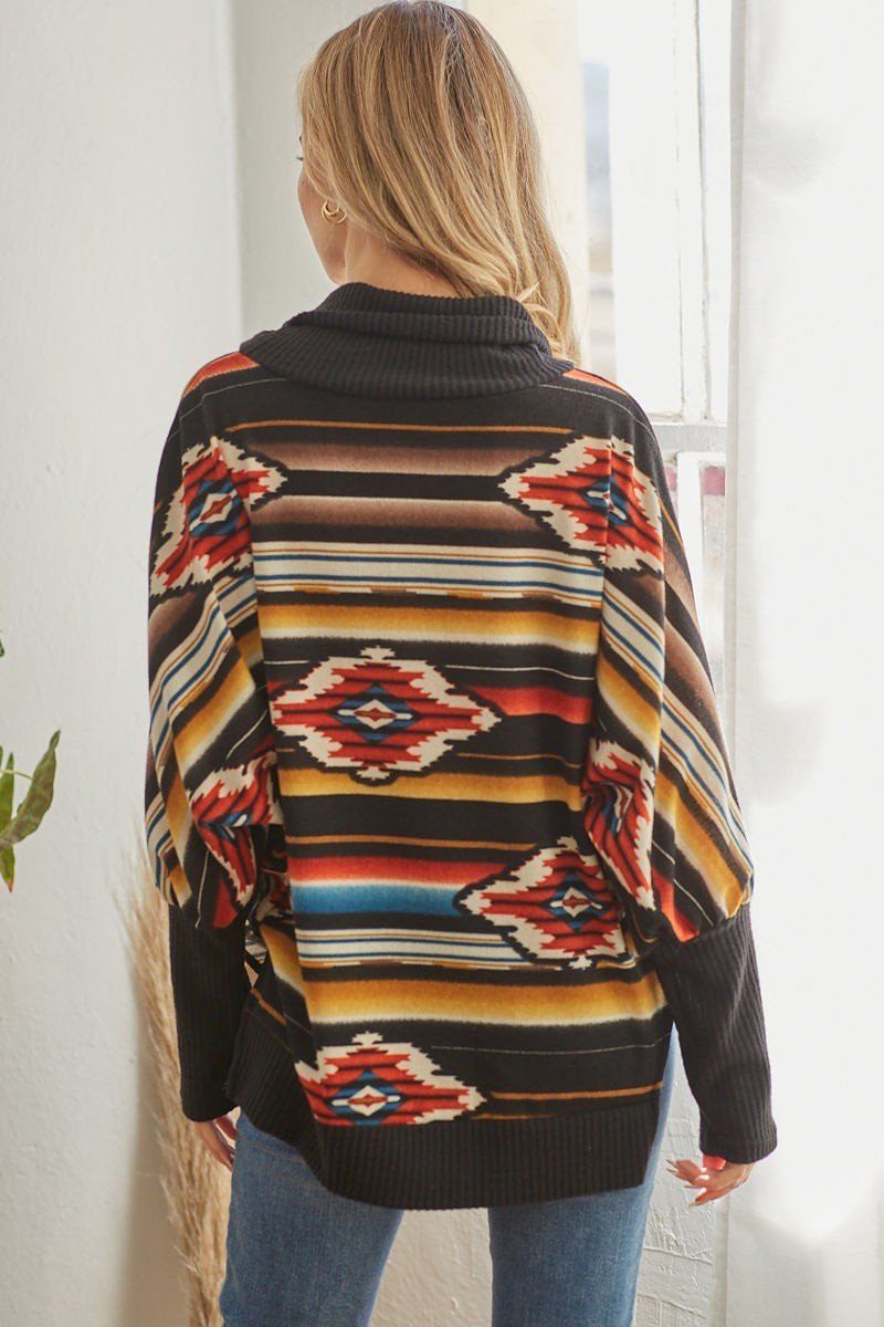 Tribal Patterned Mockneck Longsleeve Top