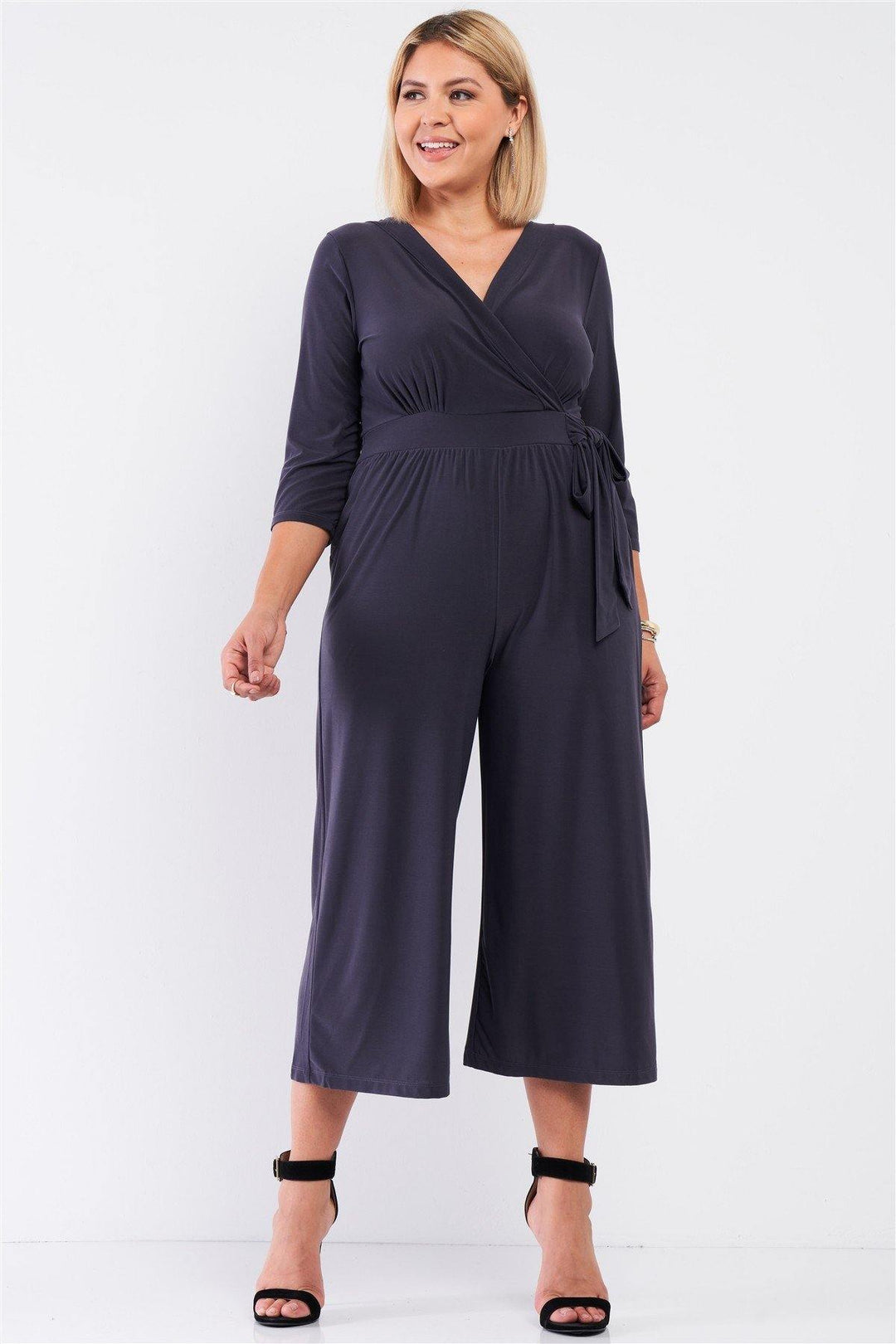 Plus Dark Grey Plunging V-neck Midi Sleeve Self-tie Waist Detail Wide Leg Midi Jumpsuit - bulkybox