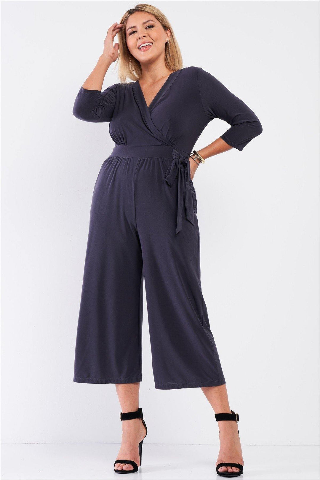 Plus Dark Grey Plunging V-neck Midi Sleeve Self-tie Waist Detail Wide Leg Midi Jumpsuit - bulkybox