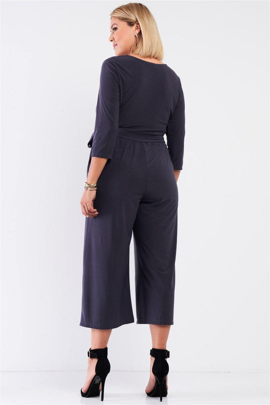 Plus Dark Grey Plunging V-neck Midi Sleeve Self-tie Waist Detail Wide Leg Midi Jumpsuit - bulkybox