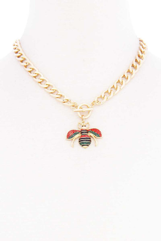 Rhinestone Bee Pendant Toggle Clasp Necklace