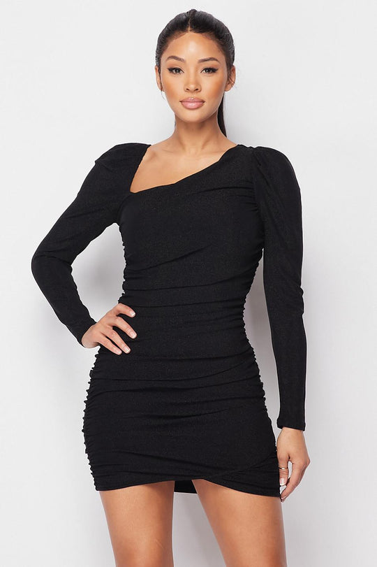 Asymmetrical Neckline Puff Sleeve Mini Dress - bulkybox