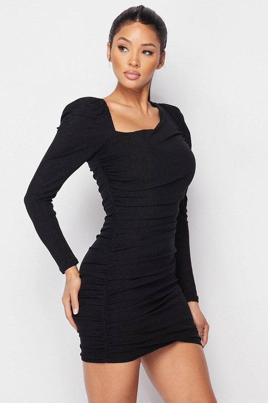 Asymmetrical Neckline Puff Sleeve Mini Dress - bulkybox