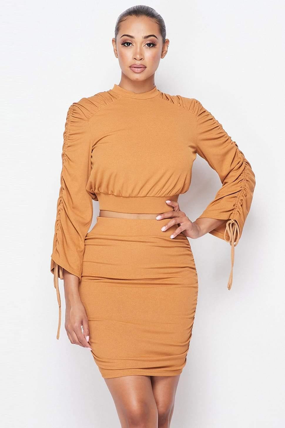 Ruched Long Sleeve And Skirt Set - bulkybox