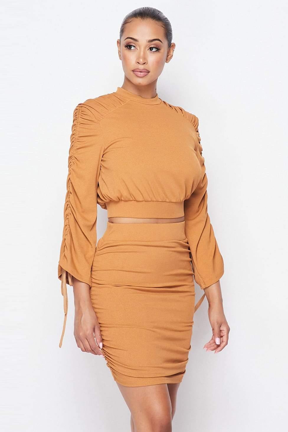 Ruched Long Sleeve And Skirt Set - bulkybox