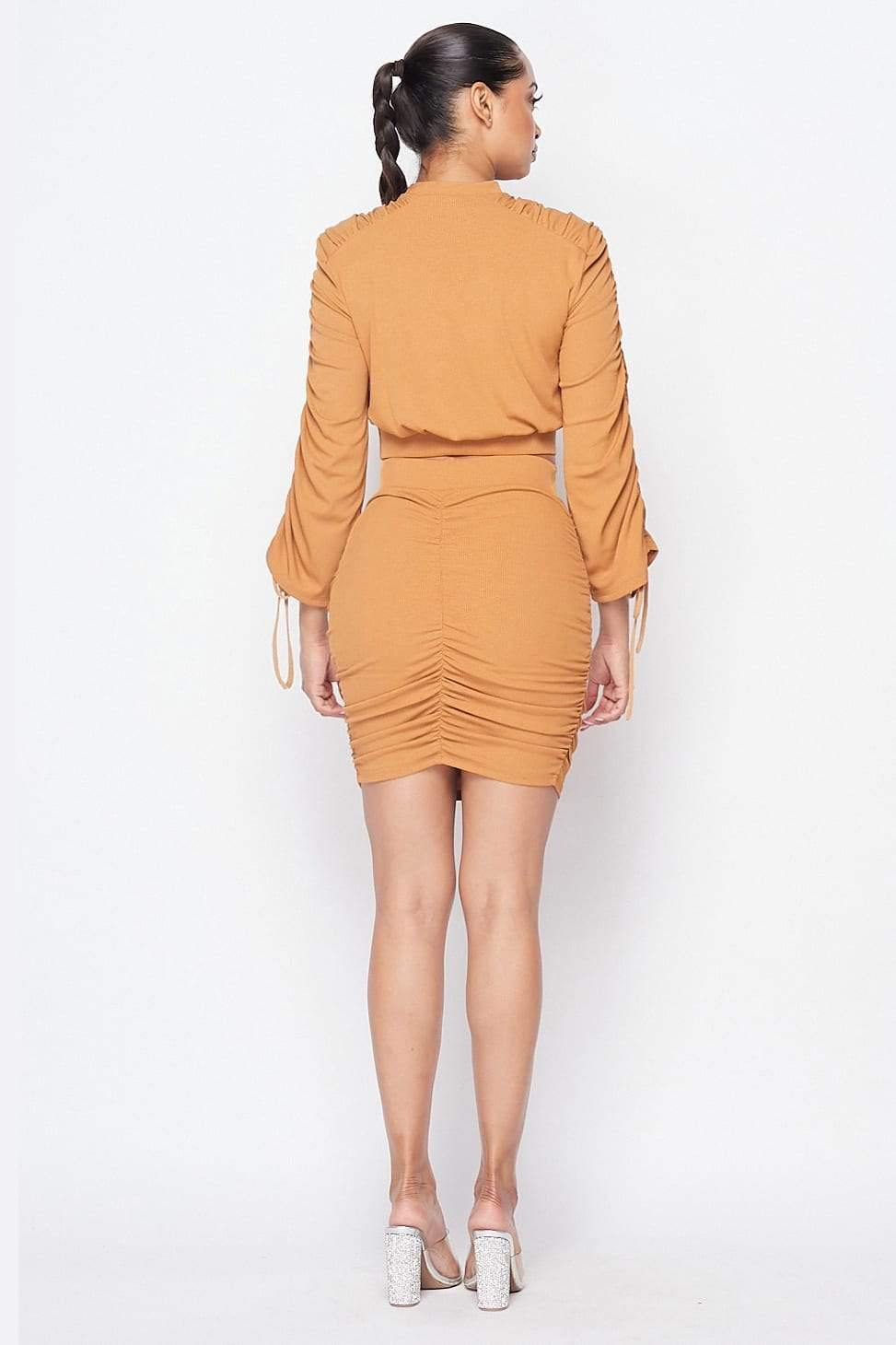 Ruched Long Sleeve And Skirt Set - bulkybox