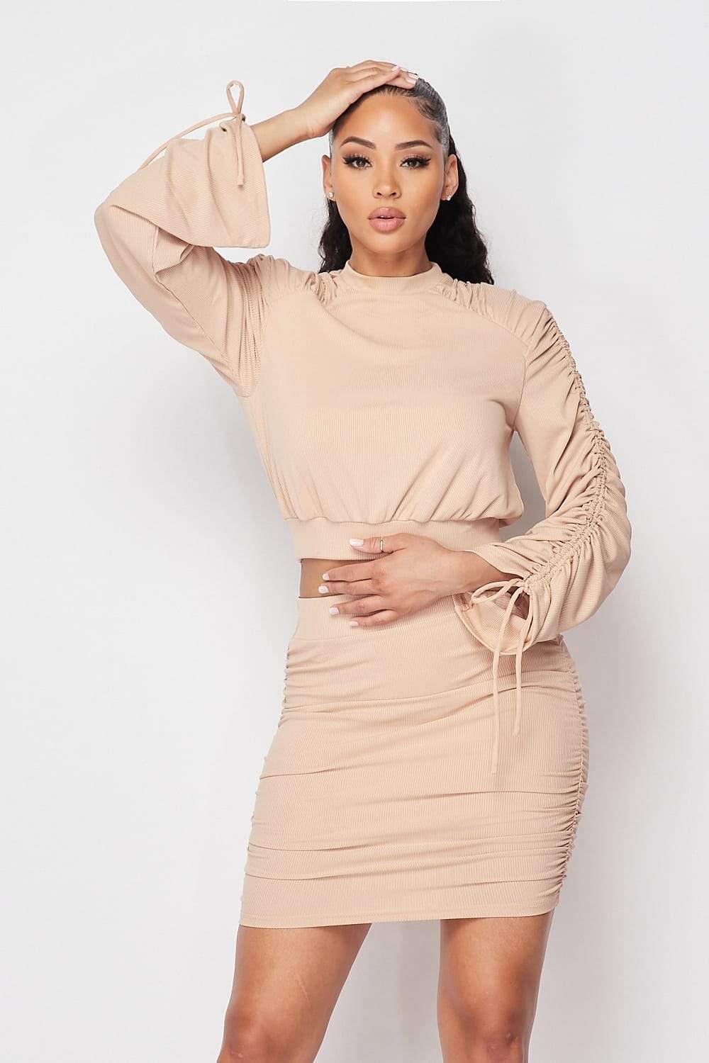 Ruched Long Sleeve And Skirt Set - bulkybox