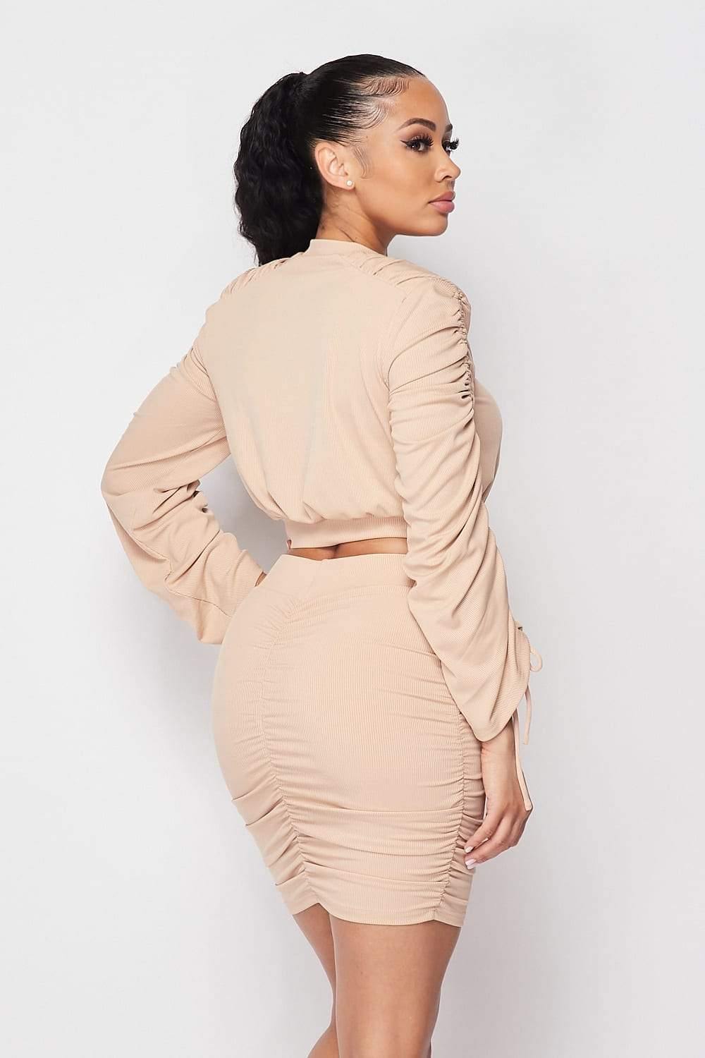 Ruched Long Sleeve And Skirt Set - bulkybox