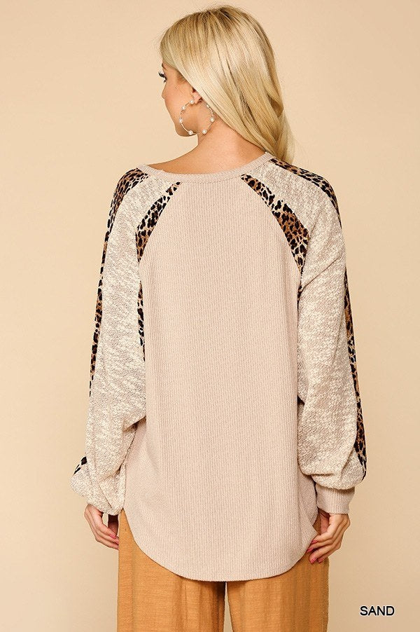 Textured Knit And Animal Print Mixed Dolman Sleeve Top