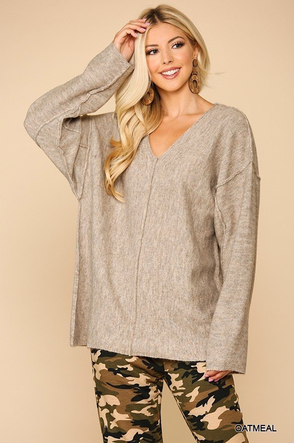 V-neck Solid Soft Sweater Top With Cut Edge