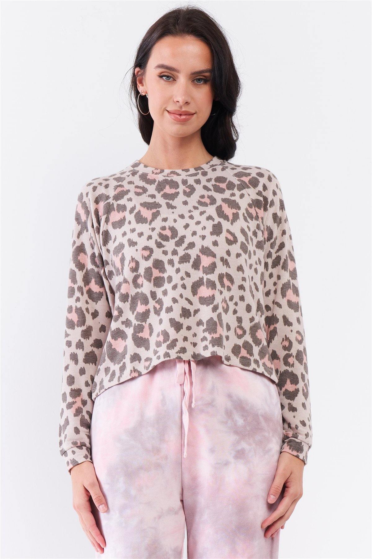 Taupe & Pink Leopard Print Crew Neck Relaxed Long Sleeve Top - bulkybox